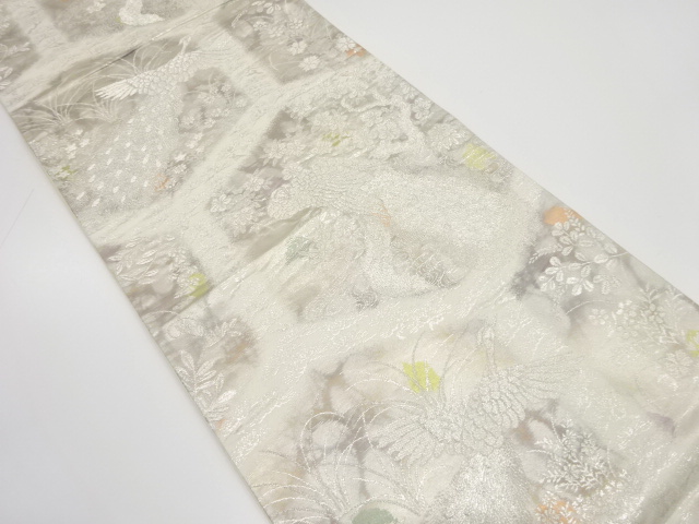 亀甲に孔雀・草花模様織り出し　袋帯